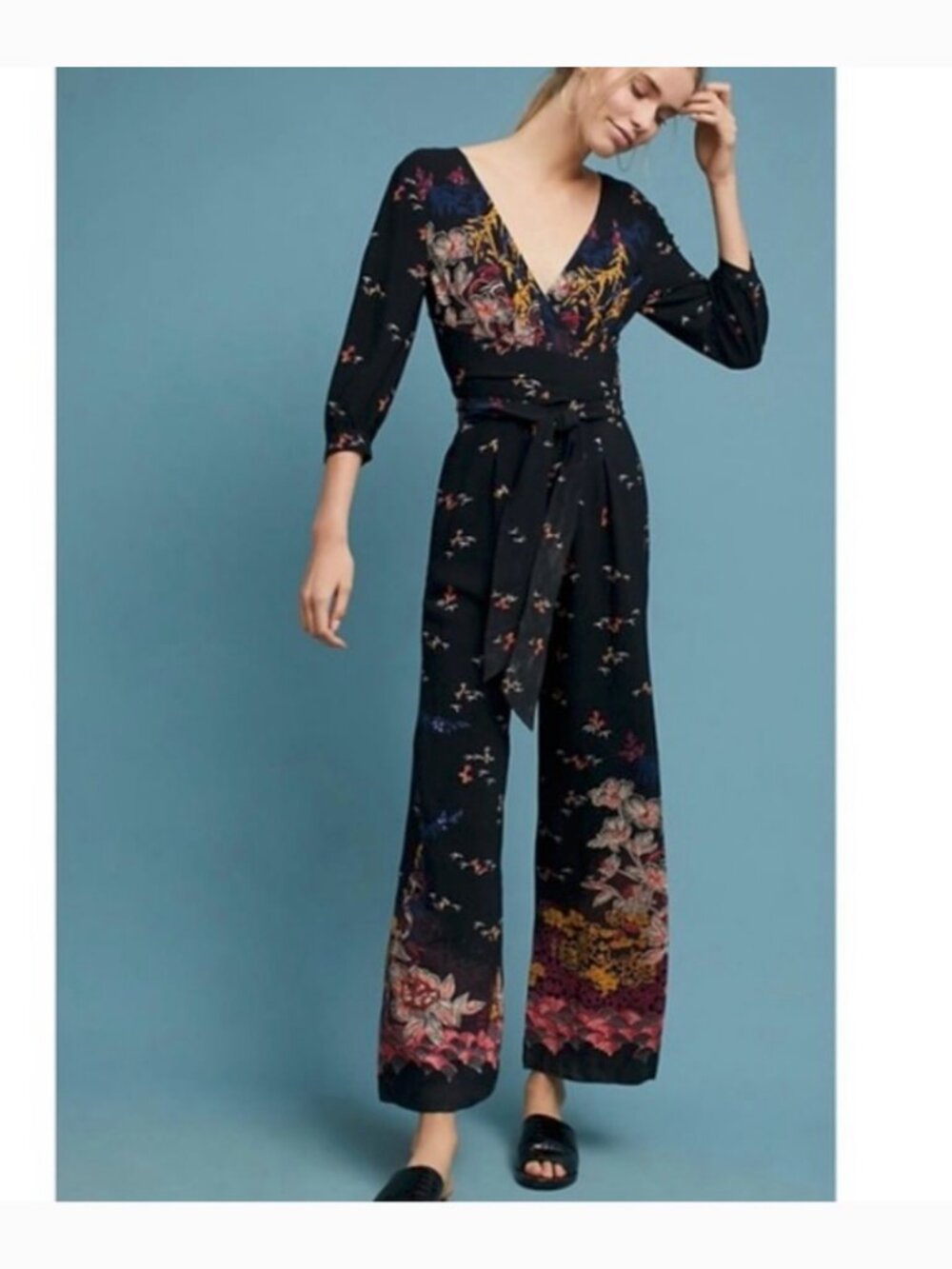 Anthropologie Feather & Bone Nara Black Floral Patchwork Jumpsuit (XS)